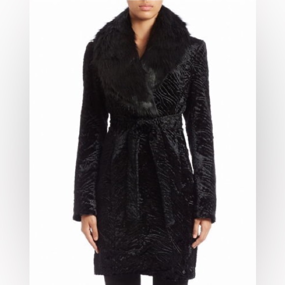NWOT Ivanka Trump Small Black Faux Fur Collar Coat with Belt - Picture 1 of 4